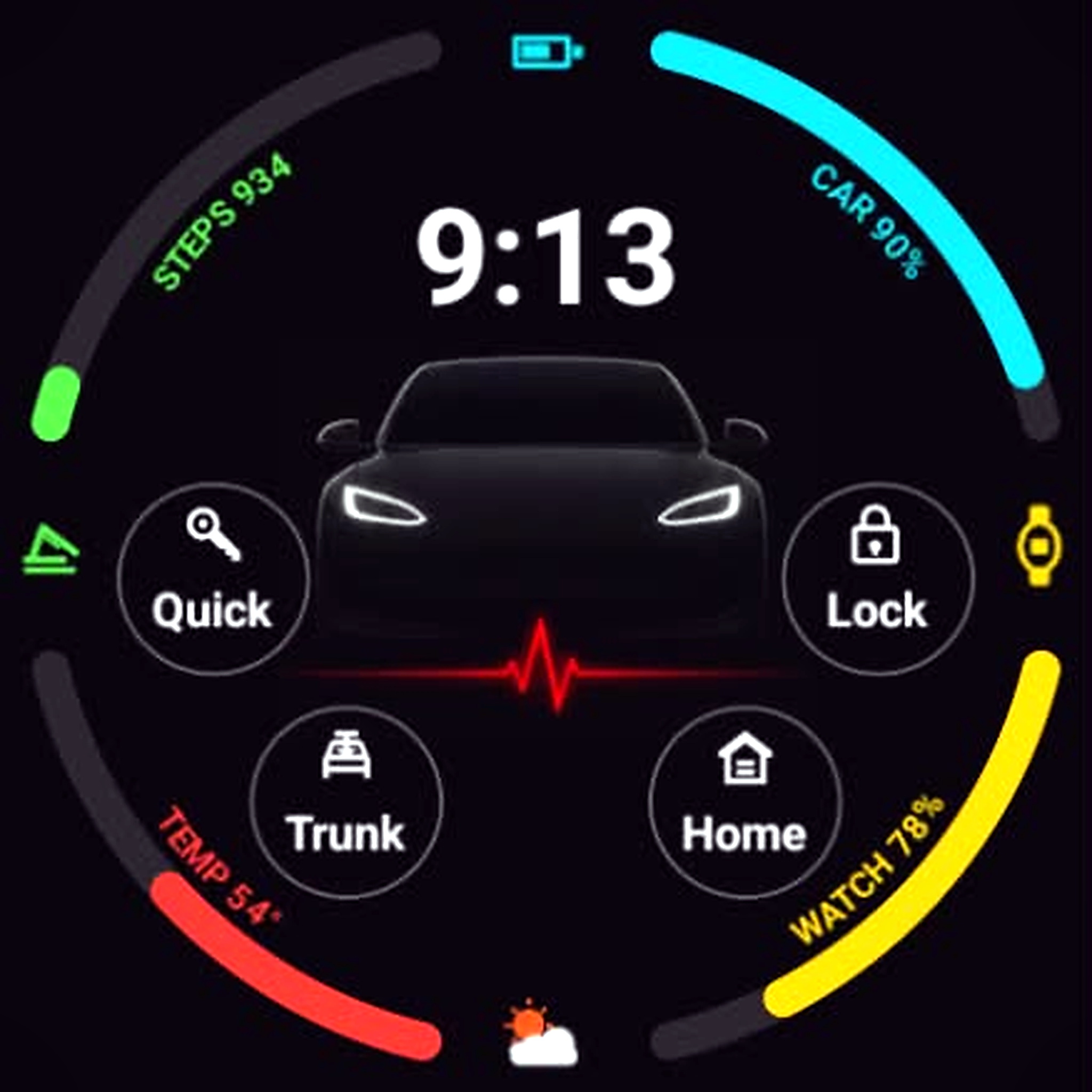 TesserWatch app screenshot showing Tesla controls on a Wear OS watch face